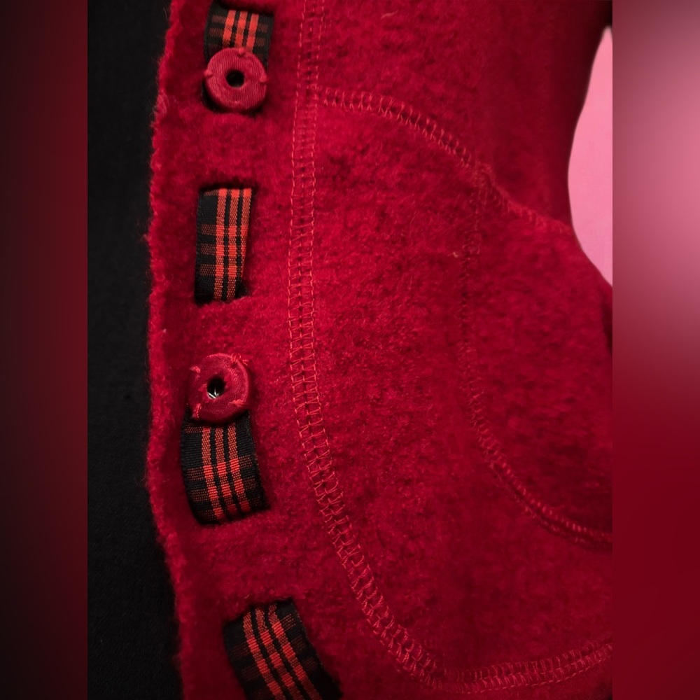 Vintage 90s Y2K Red Wool Button-Up Jacket Cardigan w/ Black Plaid Trim - XS - Picture 5 of 14